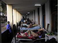 Patients on the balcony of Kamuzu Central Hospital. Lilongwe, Malawi.